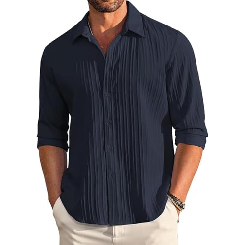 Image of DEELMO Men's Button Down Dress Shirts Textured Long Sleeve Casual Hawaiian Beach Shirt