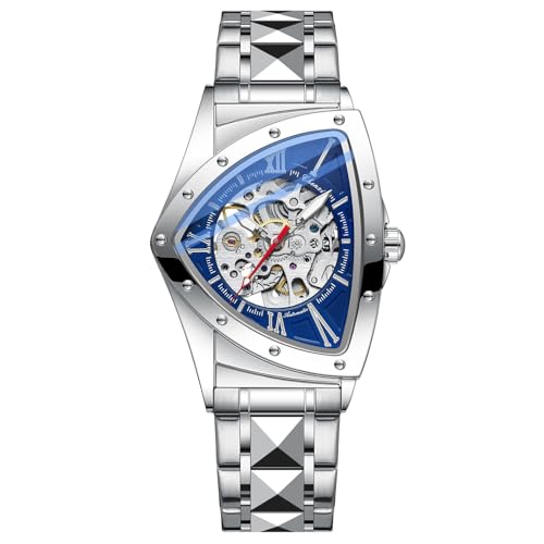 Tiong Triangle Silver Blue Skeleton Men's Mechanical Watch, Stainless Steel Black Strap Sports Men's Watch - Silver Blue