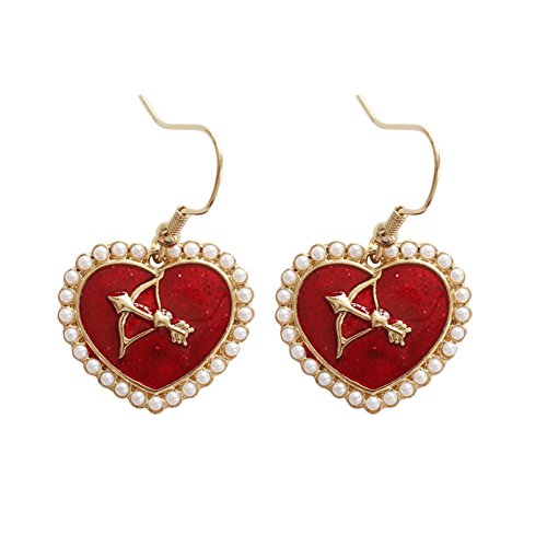 18K Gold Plated imitation pearls Sided Cupid arrow insert Red Heart Charm Women Dangle earrings