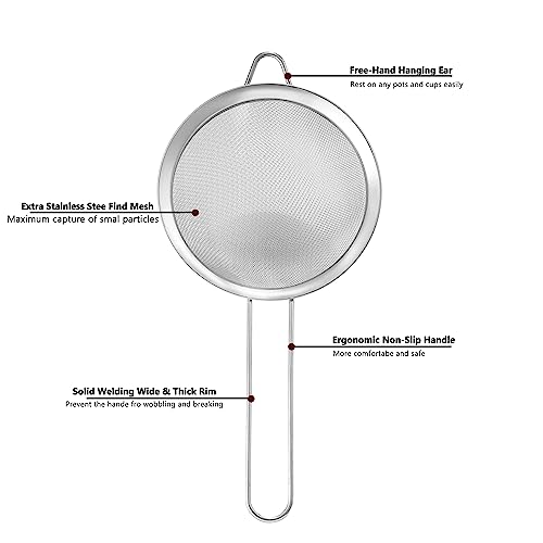 Fine Mesh Strainers for Kitchen, COKUMA Stainless Steel Metal Hand Small Mini Sieve Strainer, Cocktail Strainer Tea Coffee Juice Strainer，Food Strainer with Handlle (3.35inch, Silver)