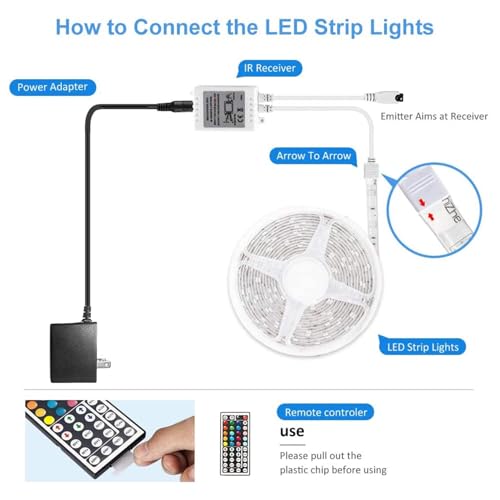 Image of DAYBETTER Waterproof Led Lights for Bedroom, 16.4ft Led Strip Lights, 150 LEDs Color Changing RGB 44 Keys Remote Controller, 12v for Outdoor Room Home Party Christmas Decoration