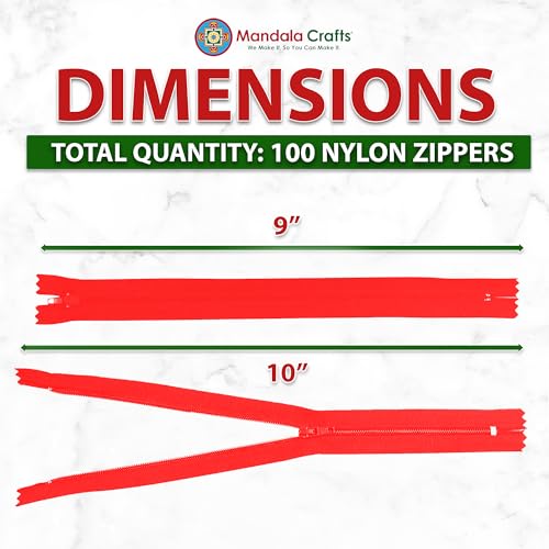 Image of Mandala Crafts 100 PCs Cherry Red Closed-End 9 in Nylon Zippers for Sewing