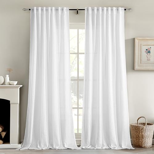 MIULEE White Linen Curtains 78 Inch Long 2 Panels for Bedroom Living Room, Soft Thick Linen Textured Back Tab Window Drapes Semi Sheer Light Filtering Rod Pocket Modern Farmhouse Decor