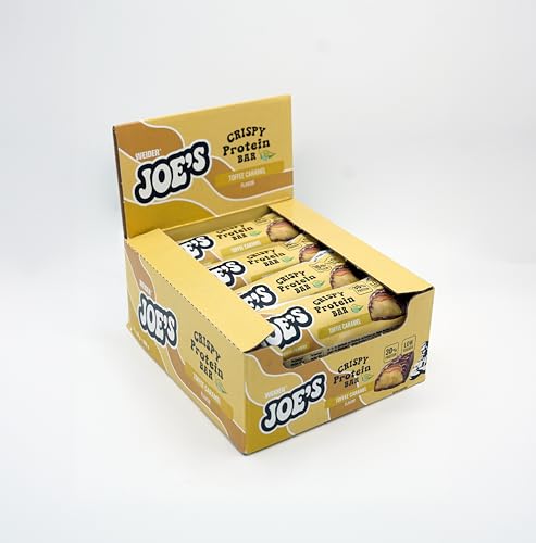 Weider Joe's Crispy Protein Bar (12x50g) Sabor Caramelo Toffee, barritas proteicas con 30% de Proteina, Bajo en azúcar, Sin colorantes artificiales, Favorece el Crecimiento Muscular