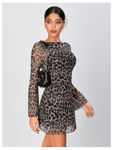 WDIRARA Women's Y2k Leopard Print Dress Mesh Bell Long Sleeve Backless Mini Dresses - Image 4