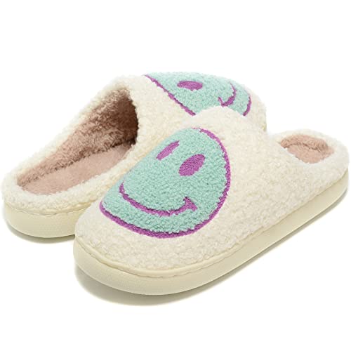Image of Retro Fuzzy Face Slippers for Women Men, Retro Soft Fluffy Warm Home Non-Slip Couple Style Casual Smile Face Slippers Indoor Outdoor Anti-Skid Warm Cozy Foam Slide Fuzzy Slides with Soft Memory Foam Shoes