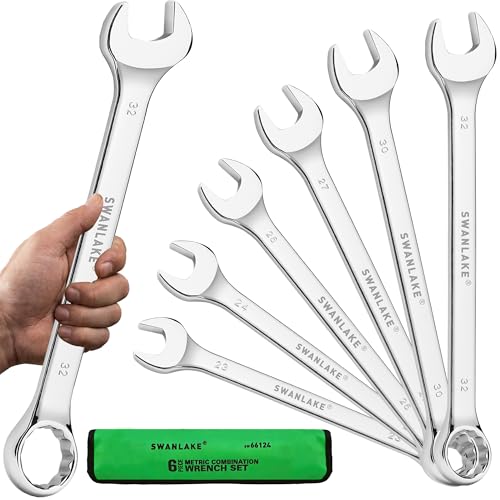 Image of 6-Piece All-Purpose Combination Wrench Set, Metric & Standard 23mm, 24mm, 26mm, 27mm, 30mm, 32mm, Heat Treated CR-V, 12-Point Box End Big Wrench Set, Master Long Mechanic Tool Set with Rolling Pouch