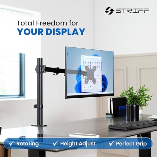 Image of STRIFF 180 Adjustable Single Monitor Stand Arm Desk Mount | Ergonomic Gas Spring VESA Bracket (75x75mm & 100x100mm) for 13 inch-32 inch Screens