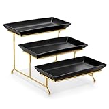 MALACASA 3 Tier Serving Trays for Party, 12 Inch Porcelain Black Trays for Serving Food, Dessert Stand with Collapsible Gold Metal Rack