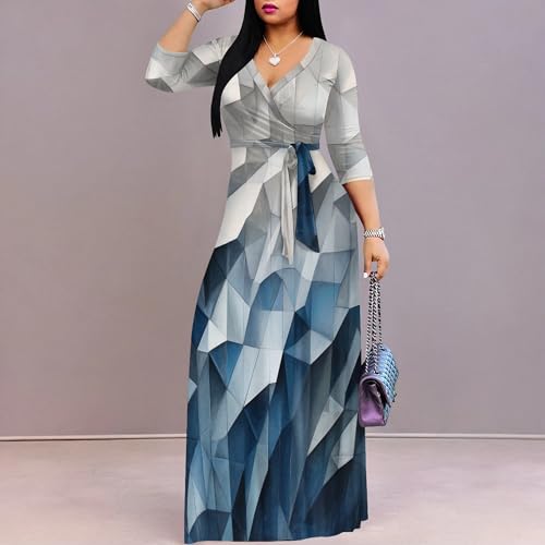 Image of PinkPatty Women's Plus Size Maxi Dresses Casual Flowy 3 /4 Sleeves Dress Printed Vacation Dress for Daily Wear with Belt