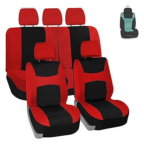 Image of FH Group Universal Car Seat Covers Full Set for SUV Truck Sedan Vans | Waterproof All-Purpose Cloth Seat Cover Set Airbag Compatible Washable Split Bench Protector Interior Upgrade - Red