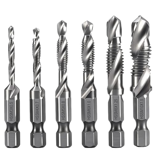 6 Pièces Forets Taraudeurs Combinés Kit M3 M4 M5 M6 M8 M10 avec Tige Hexagonale 6 mm Métriques Forets Combinés Revêtement Antirouille pour Perçage et...