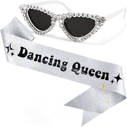 FASOTY Dancing Queen Sash and Sunglasses for Women Mamma Mia Party Decorations Silver Glitter with Black Foil Birthday Sash for Women Funny Disco Party Decorations