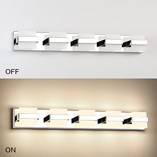 Image of SOLFART 5 Lights Chrome Bathroom Light Modern LED Vanity Lights for Bathroom Light Fixture 34 inch Warm Light Non Dimmable
