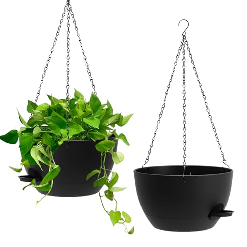 Homeuouz 25cm Selbstbewässernde Hängende Blumenampel 2er-Set Blumentopf Hängend Innen & Außen Hängeblumentöpfe mit Drainage für Balkon Wohnzimmer Küche Schwarz