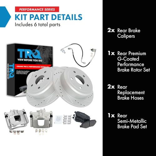 Image of TRQ Performance Rear Brake Pad and Rotor Set Semi Metallic Slotted Drilled Coated Rotors Calipers Compatible with 2008-2012 Jeep Wrangler
