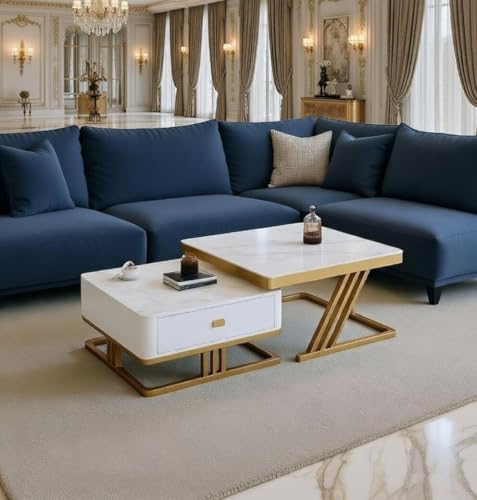 Image of Two Square Stacking Nesting Coffee Tables with Metal Frames, Wooden Tops, and Handcrafted Drawers Contemporary Centre Couch Table for Living Rooms Bedrooms, & Apartments (G Wht)