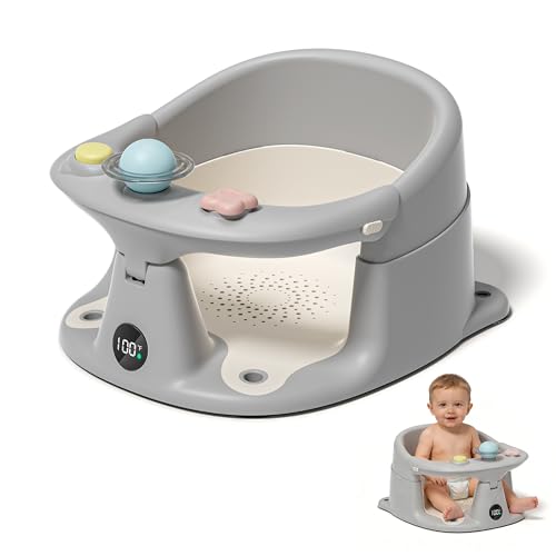 Image of Baby Bath Seat for Babies 6 Months & up with Thermometer, Non-Slip Toddler Bath Seats for Sitting Up, Safe Infant & Newborn Bathtub Chair with 4 Suction Cups, Soft Cushion & Temperature Display, Gray