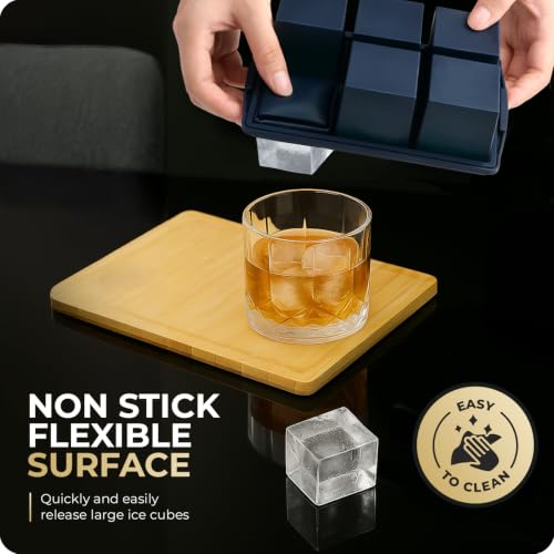 Image of Large Ice Cube Trays for Whiskey, Silicone Ice Cube Tray, with Reinforced Steel Ring Top, Makes 12 perfect 2-in ice cubes, Square Ice Tray for Cocktails, Whiskey, Coffee. (2 Pack)