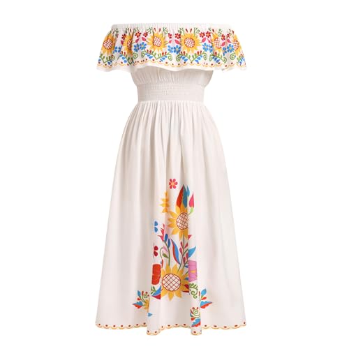 Image of ABEHIK Mexican Dresses for Women Traditional Off Shoulder Summer Floral Sunflower Fiesta Long Maxi Dress Cinco de Mayo Outfit