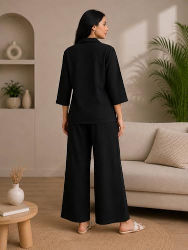 Image of Women's Co Ord Set for Women - Relaxed Fit Collared Top with 3 /4 Sleeves & Wide Leg Palazzo Pants, Casual Lounge Wear Matching Outfit for Daily Wear, Travel & Office