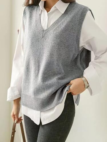 Image of Wowcarbazole Womens V Neck Sweater Vest Casual Ribbed Knitted Sleeveless Trendy Pullover Tank Tops Fall