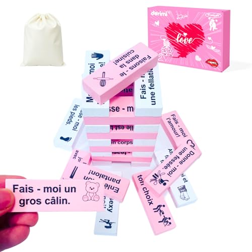 DORIMI Jeu de Tour de Blocs Coquins 48 Pièces, Tour en Bois Adulte Coquin Français, Empilage pour Couples, Mariage Sensuel, Surface Lisse Vernie et...