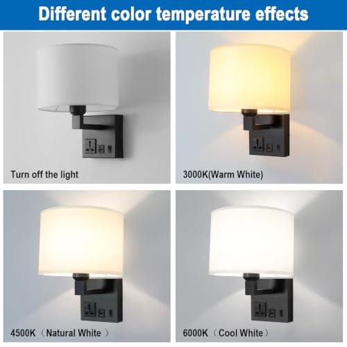 Image of Plug in Wall Sconce, Wall Lamp with Black Base Cylindrical Shape | Wall Lamps for Bedroom Living Room Hotel, Dimmable 1pcs Bulb Included, Bedside Lamp with AC Outlet & USBA+C Charging Port