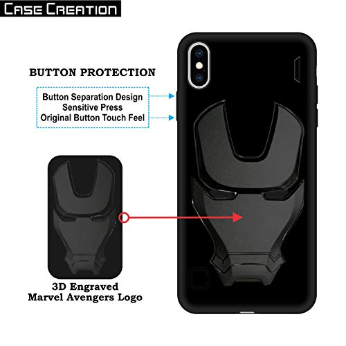 Image of COVERLY Official 3D Touch Feel Trending Avengers Logo Mask Soft Rugged Grip Silicone Iron Man Super Power Cartoon Movie Engraved Silicone Matte Back Cover for Apple iPhone Xs Max -HD Black