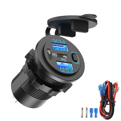 Image of Dual PD 30W USB C Port and Dual Quick Charge 3.0 Port 12V USB Outlet with Power Switch, 78W Multiport Car Charger Socket Waterproof DIY Accessories for Car Boat Marine Motorcycle RV ATV Golf Cart