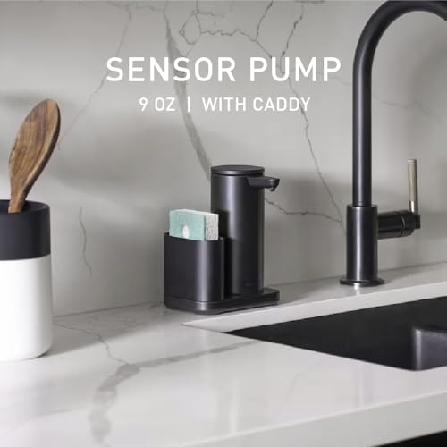 Image of simplehuman Liquid Sensor Pump with Caddy, 9 oz Automatic Soap Dispenser for Kitchen and Bathroom, Touchless Motion Sensor, Variable Dispense, Rechargeable, High-Grade Matte Black Steel