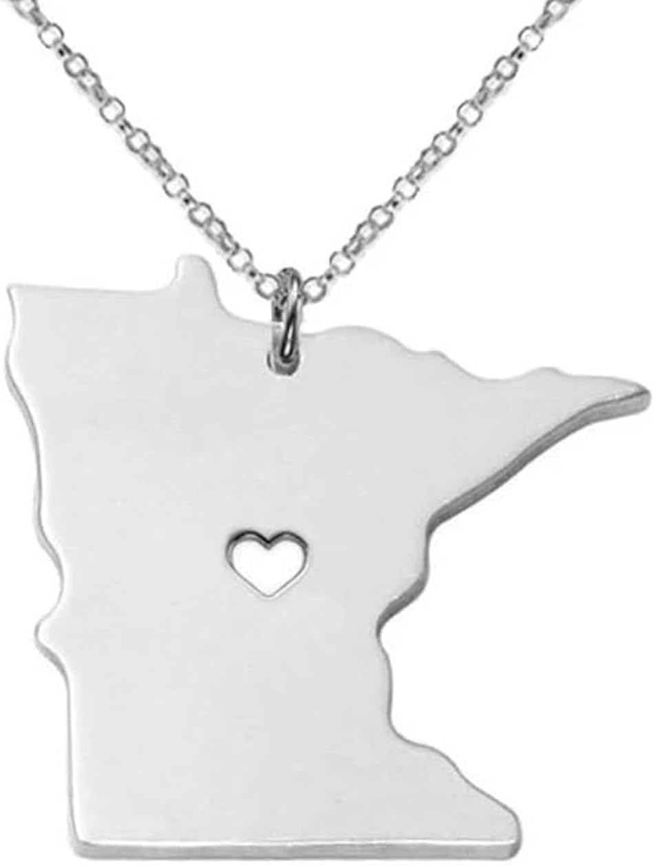 Art Attack Stainless Steel I Love Minnesota Necklace, North Star Gopher Land of 10,000 Lakes State Heart Map Pendant (Silver)