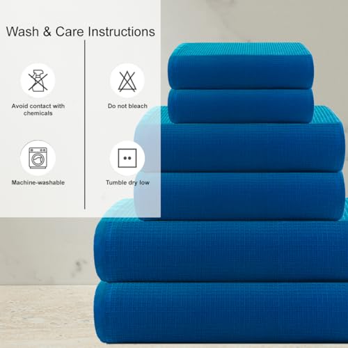 Image of Casa Copenhagen, Egyptian Cotton - Waffle Terry Towel 6 Piece Set, Includes 2 Bath Towels 2 Hand Towels 2 Washcloths - Electric Blue