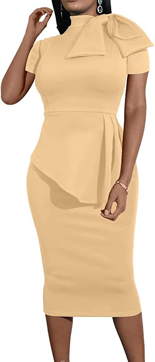 Women's Fashion Peplum Bodycon Short Sleeve Work Dresses Bow Club Ruffle Pencil Formal Cocktail Dress Medium 5349 Khaki