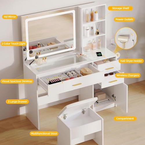DWVO 45" W Vanity Desk w/Wireless Charging Station & Power Outlet, Mirror w/Lights Table Set with 4 Drawers, 3 Lighting Modes Brightness Adjustable for Bedroom Studio, Upgraded Milk White