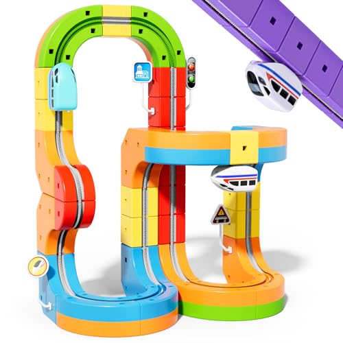 KlickRail Electric Train Set Flexible Race Track for Kids 4 6 7 8, 48 Pcs Car Track for Toddlers 3-5, Building Toy Train Track Gravity-Defying 3D Embedded Layouts & Motorized Car, STEM Easter Gift