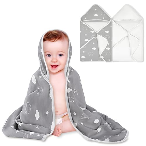 Image of BabyAlly Baby Towels 2 Pack,Hooded Baby Towels Set,Baby Infant Bath Towels with Hood,Soft and Absorbent Nursery Towel,Bath Essentials (Gray Clouds + Stripes)