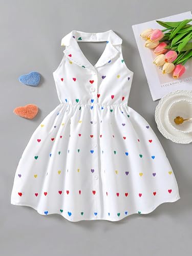 Girls Summer Halter Dress with Polo Collar – Sleeveless Rainbow Heart Print Backless Sundress, Ages 4–7, White Casual Outfit2