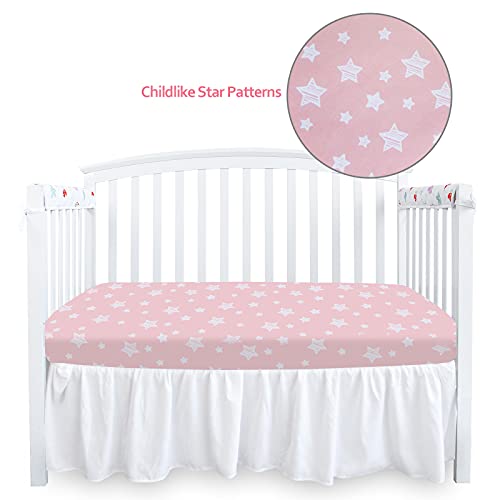 Baby Crib Sheets Girl, Crib Sheets Girl, Baby Crib Fitted Sheet Snug Fit For Crib Mattress, Silky Soft Microfiber 52'' X 28'' Crib Sheet Fits Standard Size Crib, Pink Star #TOP4