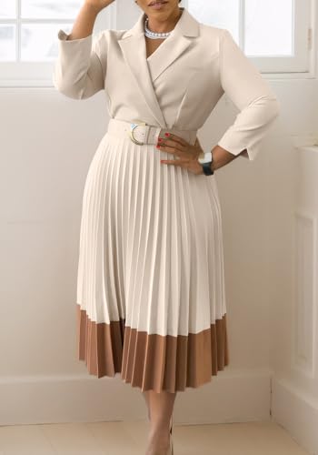 HuiSiFang Women's Long Sleeve Blazer Dress Elegant Dressy Lapel Pleated Midi Dress with Belt2