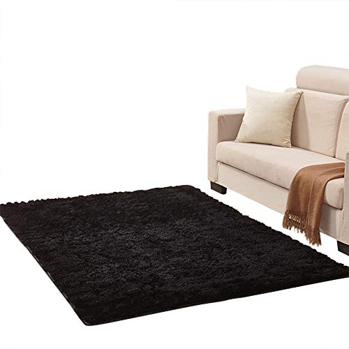 Jian Ya Na Alfombra Antideslizante Alfombras de la Sala de Estar súper Blandas Alfombra Peluda mullida para el hogar Deco Comedor Dormitorio Niños (Negro, 60 * 90cm) Cover