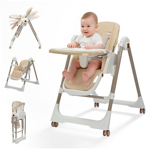 LEADZM Chaise Haute Bébé Pliable, Transforme en Berceau, 6 Hauteurs Réglables, Plateau Double Amovible, avec Roulettes Pivotantes, Charge Maximale 15 kg,...