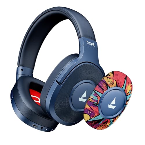 Image of Boat Rockerz Plus 550, Customizable Earcups, 100H Battery, 50mm Drivers, Dual Pair, Stream Ad Free Music via App Support, Bluetooth Headphones, Wireless Headphone with Mic (Blue Psyche)