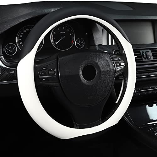 Image of Microfiber Leather 15 inch Universal Fit Car Steering Wheel Cover, Elastic Nonslip Breathable and Odorless, Black & White
