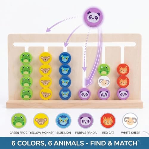 Image of Happy Hues 6-in-1 Wooden Montessori Sorting & Matching Puzzle Game - Educational Color & Animal Recognition Toy for Toddlers