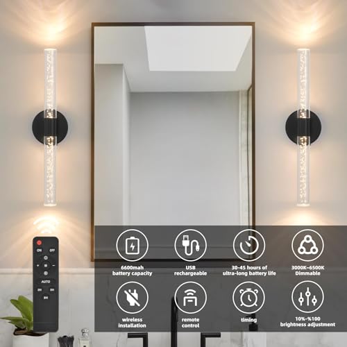 Image of Battery-Operated Wall Sconces Set of 2, Black 20'' Rechargeable Crystal Bubble Wall Sconce with Remote Control, 3000K-6000K Dimmable LED Wireless Wall Lights for Living Room Bedroom Hallway