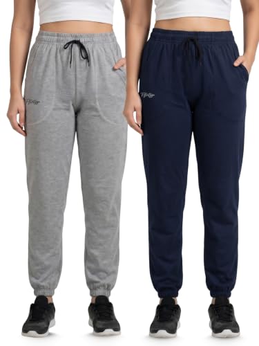 Image of Fflirtygo Cotton Solid Joggers /Track Pant /Solid Pajama /Leggings �100% Export Quality Soft Cotton Night Wear /Pocket Pyjama for Women Combo Pack of 2Pcs, Blue and Grey