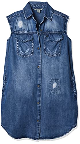 Calvin Klein Girls' Short Sleeve Lightweight Chambray Denim Shirt Dress, Destruct 1010, 7