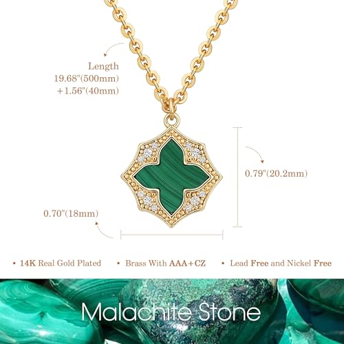 Fettero Necklaces for Women Trendy 14K Gold Plated Charm Necklace Green Malachite Heart Coin Butterfly Cross Clover Pendant Dainty Gold Necklace for Women Jewelry