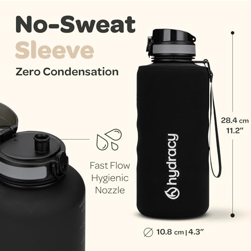 Image of Hydracy Water Bottle with Time Marker -Large Half Gallon 64oz BPA Free Bottle & No Sweat Sleeve -Leak Proof Gym Bottle with Fruit Infuser Strainer & Times to Drink -Ideal Gift for Sports & Outdoors